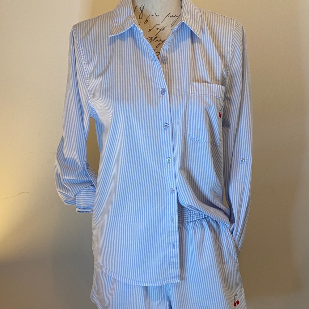 Light Blue & White Striped Pajama Set with cherry embroidery S/M